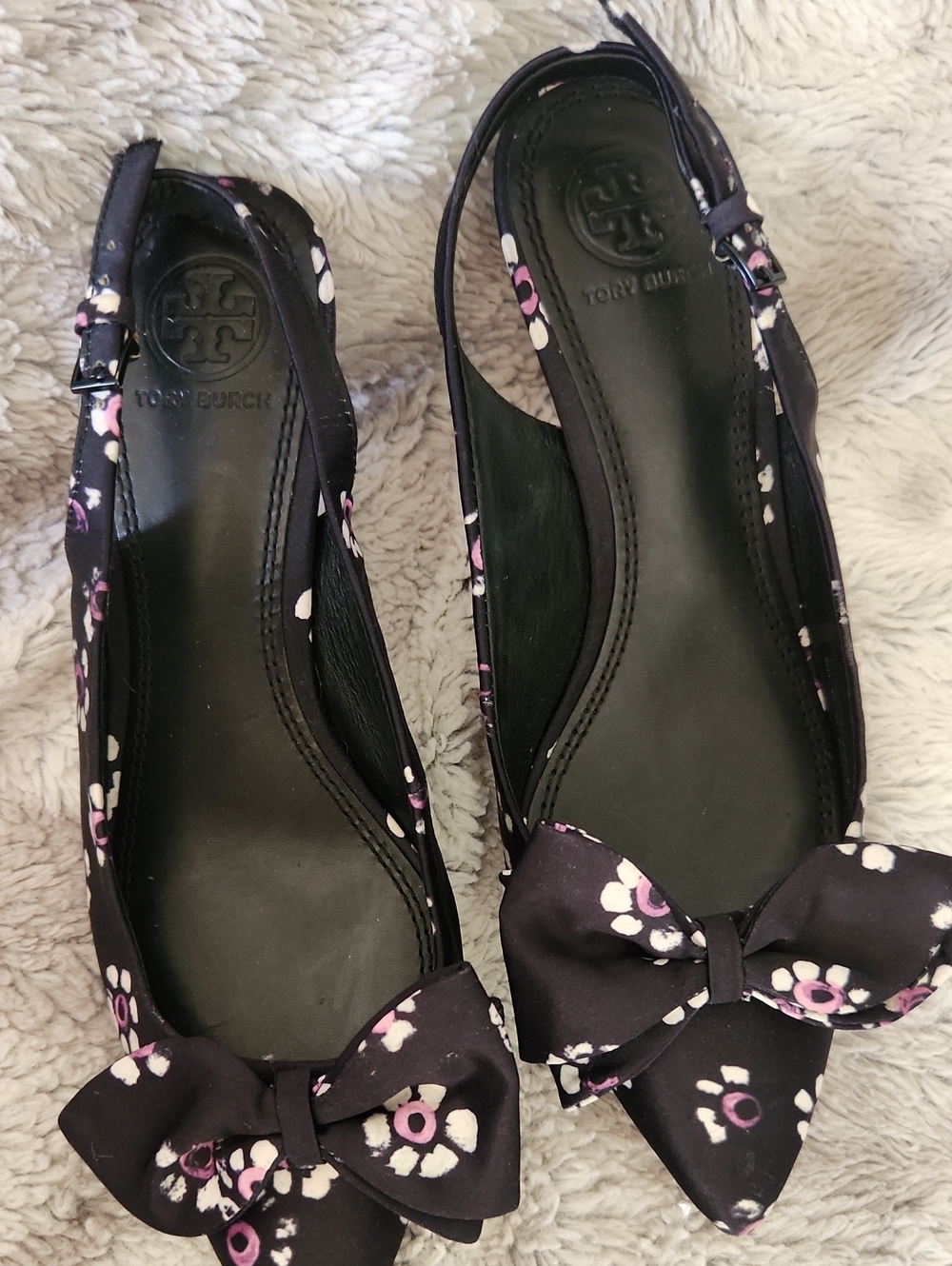Tory Burch Black Floral Bow Pointed Slingback Flats